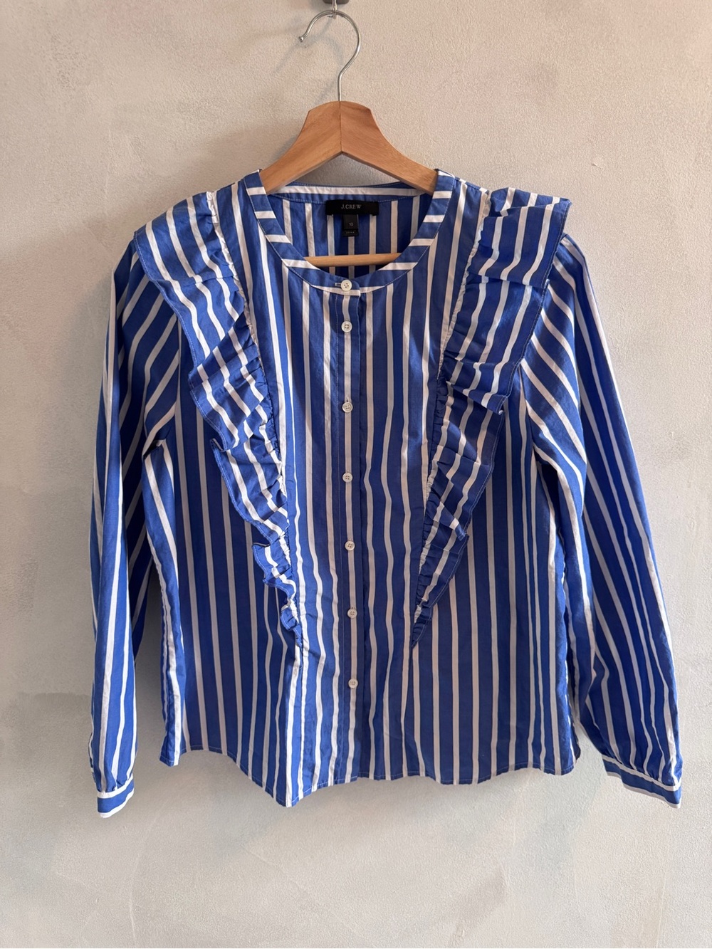 J.Crew - Blue & White Striped Ruffle Button-Down Blouse